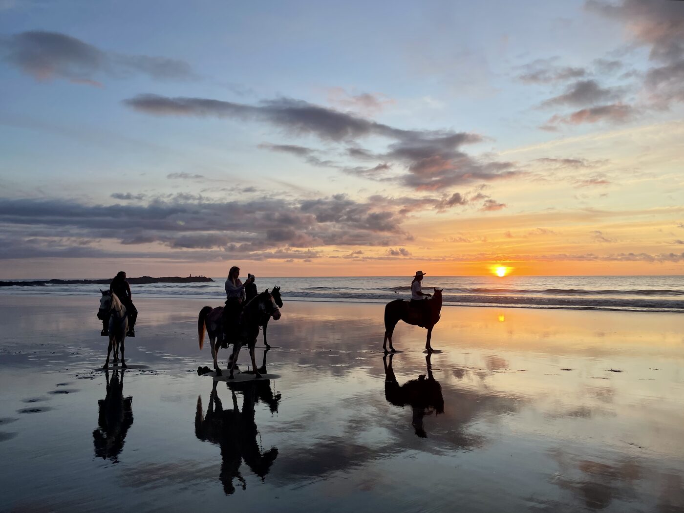 Three riders on horseback silhouetted against the sunset on the beach, reflections in the wet sand